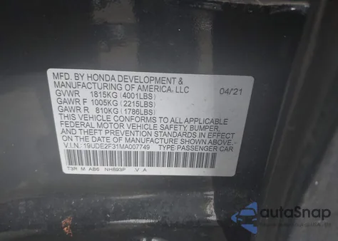 2021 Acura Ilx Standard из США, поврежденный, VIN 19UDE2F31MA007749